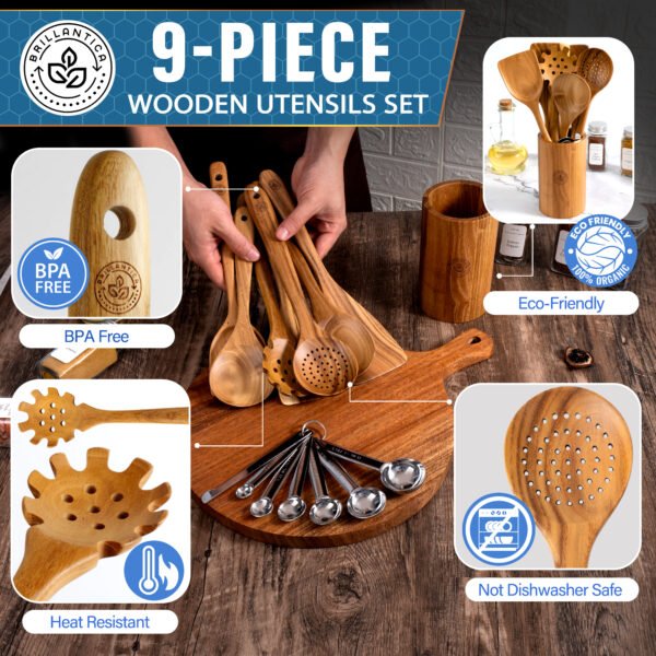 9-Piece Natural Teak Wood Kitchen Utensil Set with Holder - Image 3