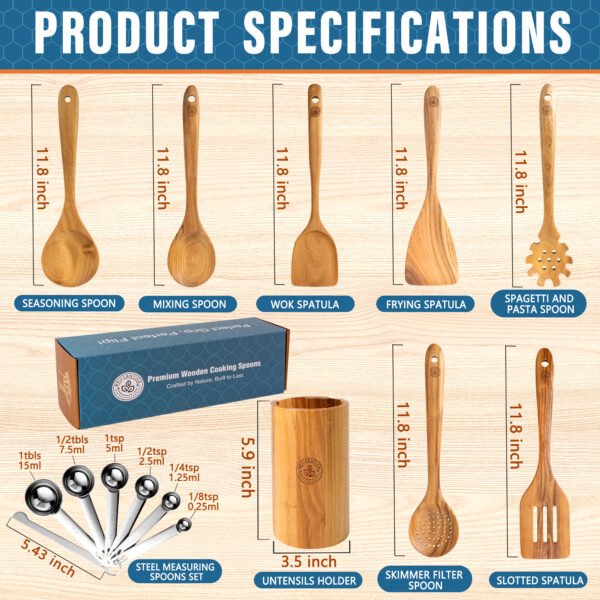 9-Piece Natural Teak Wood Kitchen Utensil Set with Holder - Image 4